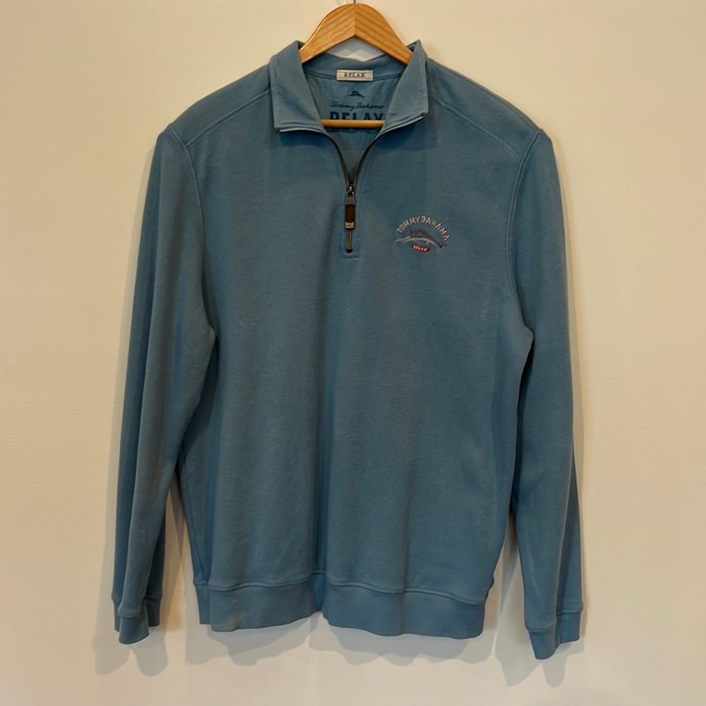 Mens L Tommy Bahama RELAX 1/4 zip light blue, long sleeved cotton sweater
